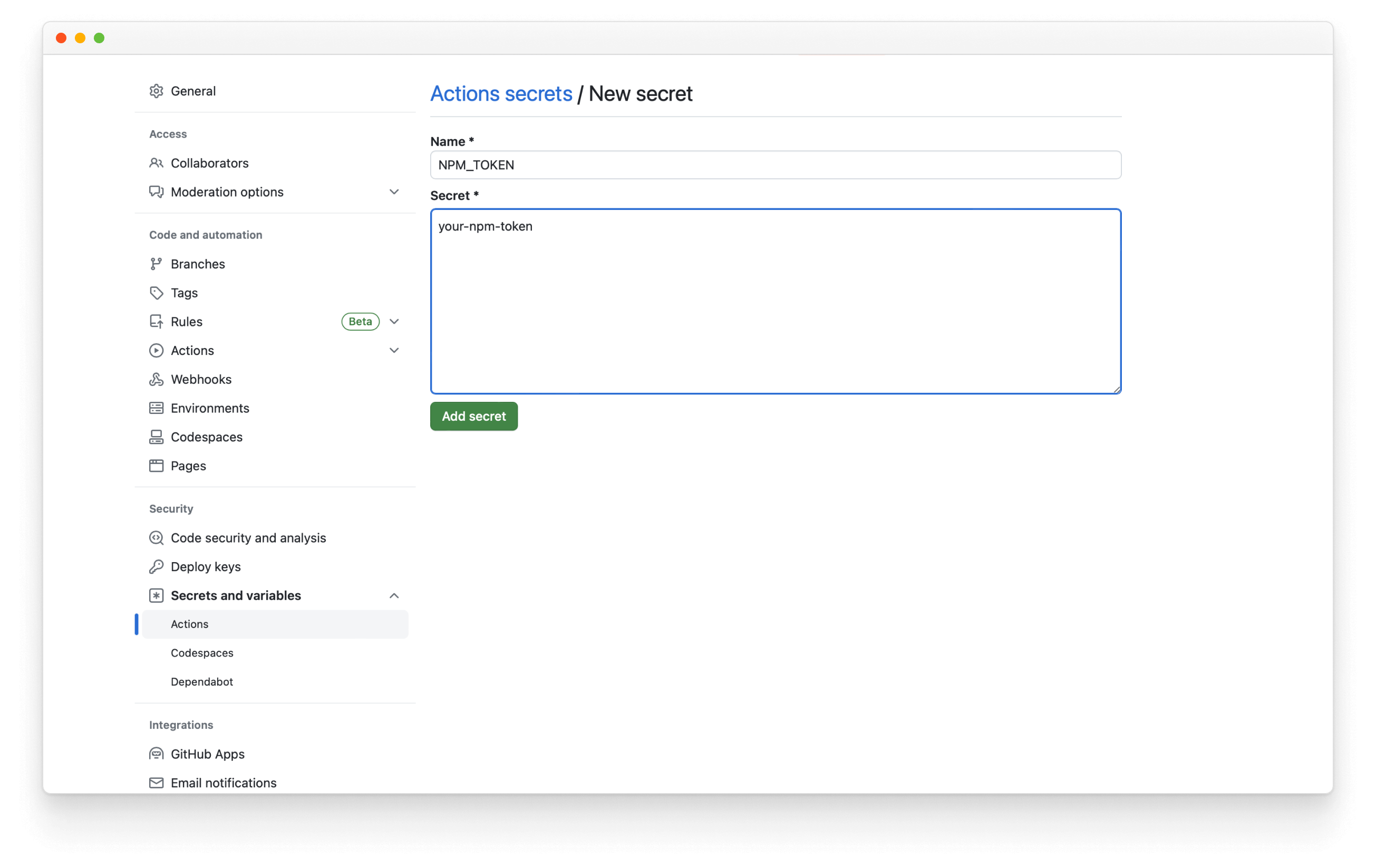 Filled GitHub secrets form